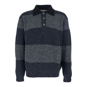 Dunst Men Grey Polo Shirt With Ribbed Design And Striped Motif In Wool Man